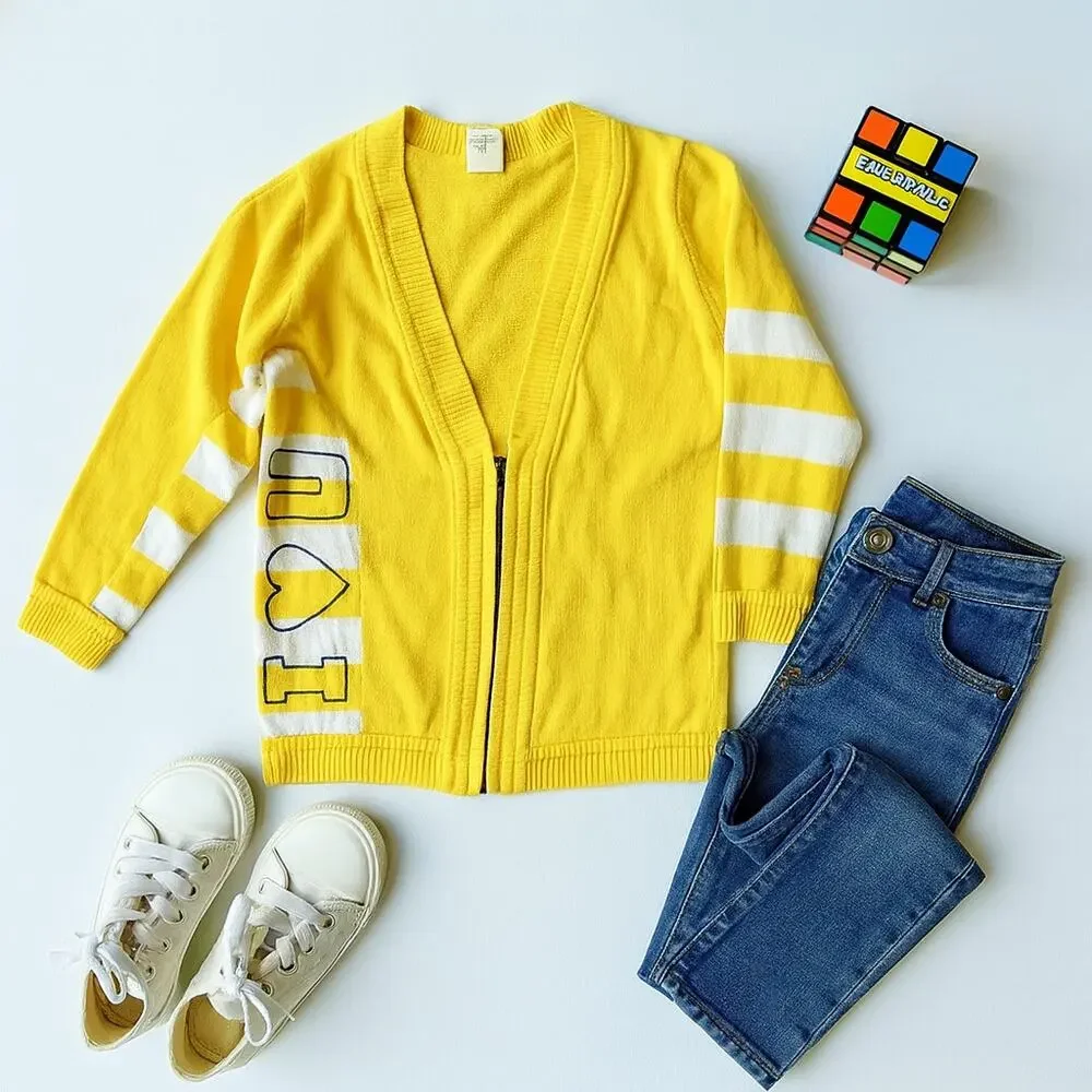 Vintage Carter’s 1980s Kids Sweater | Yellow “I ❤️ You” Cardigan | Size 4 / 4T